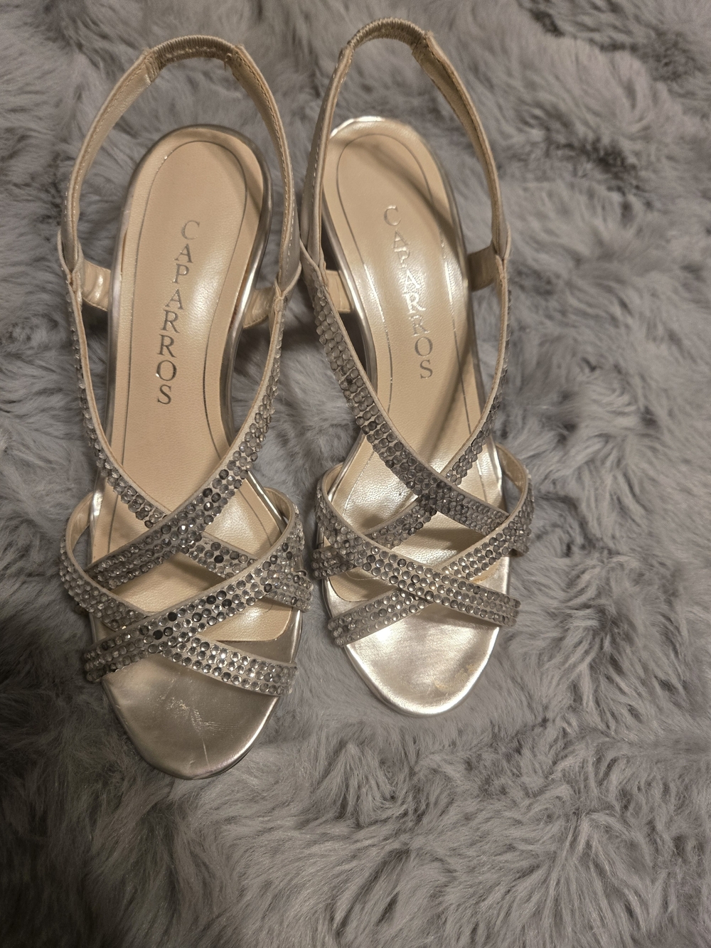 Caparros Silver Metallic Rhinestone Slingback Kitten Heels 5.5 With Box